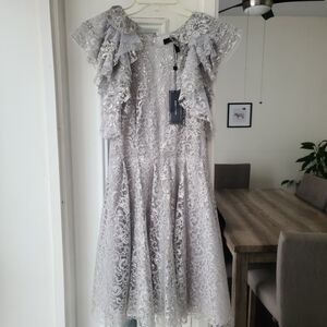 BCBGMaxAzria Silver Lace Midi Dress with Ruffle Cap Sleeves